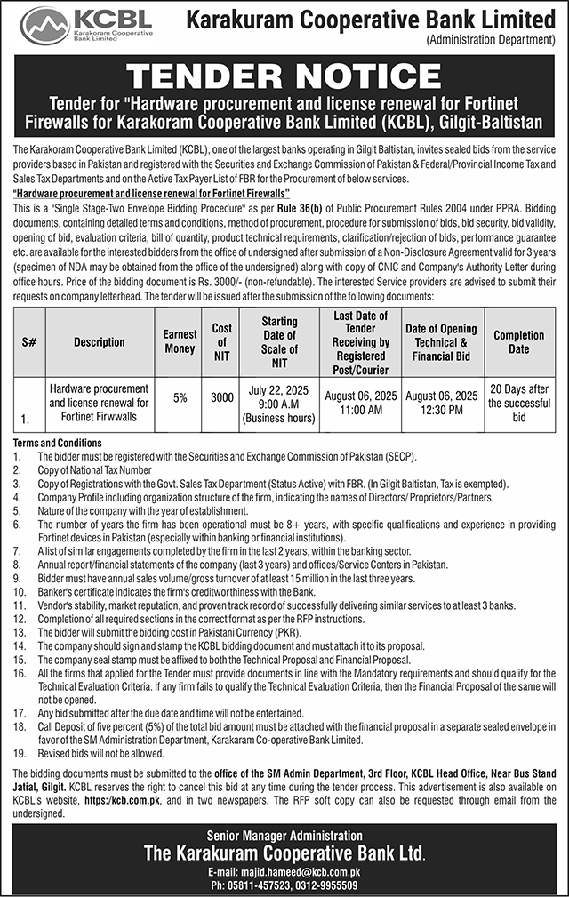 Karakuram Cooperative Bank Limited Tender Notice-1